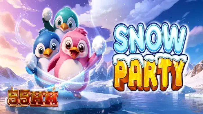 Personagens pinguins e criaturas marinhas em um cenário ártico colorido do jogo Snow Party