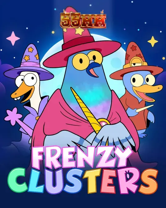 Interface colorida e vibrante do slot Frenzy Clusters com personagens de fantasia.